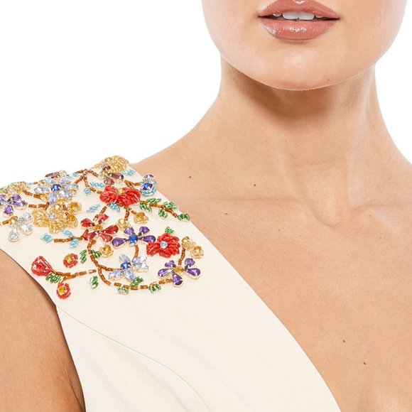 MAC DUGGAL FLORAL EMBELLISHED CAP SLEEVE A-LINE VANILLA GOWN sz 10 - Picture 5 of 7